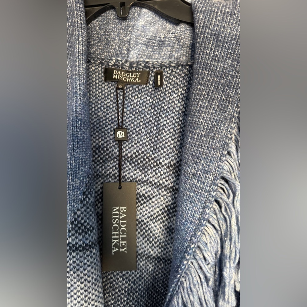 Badgley Mischka blue and black jacquard knit shawl belted fringe long cardigan - Picture 5 of 7